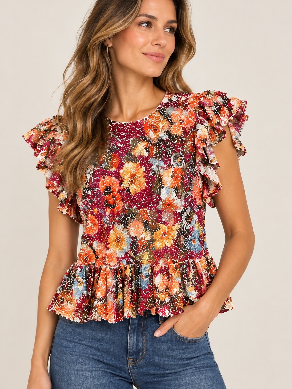 AQUA Floral Sequin Ruffle Sleeve Peplum Top Multicolor Size Small